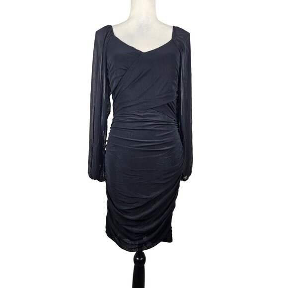 BTBFM Womens Elegant Ruched Bodycon Dress Long Puff Sleeve Black Size L Party - Picture 2 of 10
